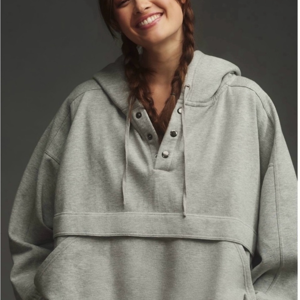 Daily Practice by Anthropologie Henley Sweatshirt Gray Large with Hood